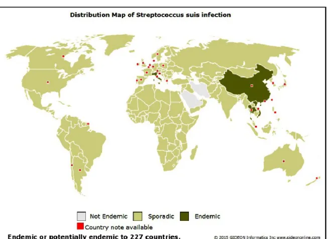 Figure 3. Distribution map of S. suis infection (GIDEON Informatics et al. 2015) 