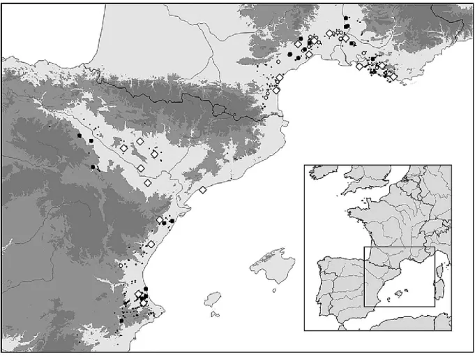 Figure 2-1 Distribution of the 363 locations of Narcissus dubius compiled from four different data sources