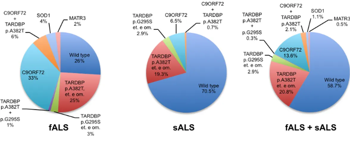 Figura  6  Frequenza  delle  mutazioni  nelle  forme  familiari  (fALS),  sporadiche  (sALS)  di  SLA  e  nel  totale  dei  pazienti  (fALS  +  sALS)  in  Sardegna  (et