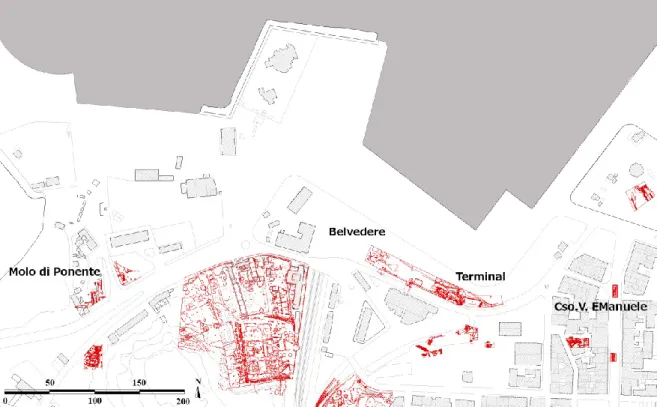 Fig.  3.  Porto  Torres.  Settore  costiero  urbano.  Rappresentazione  planimetrica  delle  emergenze  archeologiche ed ubicazione dei siti oggetto di approfondimento