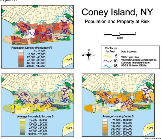 Figura 2.5 Popolazione, reddito e valore delle proprietà e rischio di inondazione. (Fonte: Gornitz et al