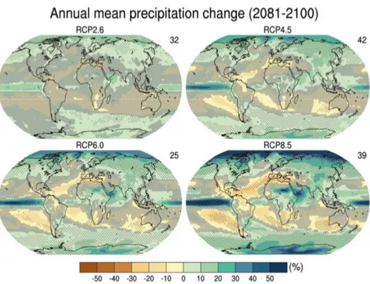 Figura   2.2  Cambiamento   delle   precipitazioni   medie   alla   fine   del   secolo,   per   i   quattro   scenari   di  riferimento (fonte: IPCC 2013, p