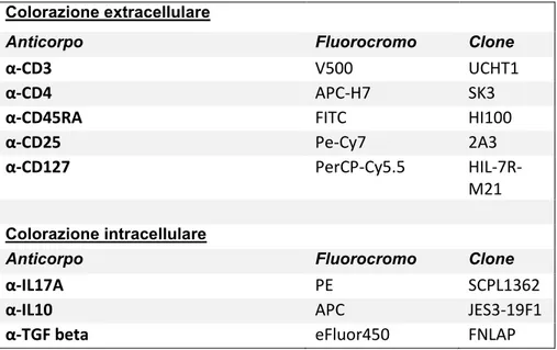 Tabella 3. Anticorpo, fluorocromo e cloni utilizzati per marcare le cellule T regolatorie e le citochine da esse  secrete