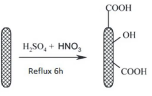 Figura 4. Rappresentazione schematica della derivatizzazione dei MWCNTs attraverso  dispersione in HNO 3  6M, reflusso in H 2 SO 4  e HNO 3  (3:1) mediante reflusso e successivo  lavaggio in acqua bidistillata per neutralizzazione 