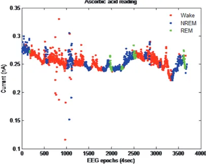 Figura 13. Variazione dei livelli di Acido Ascorbico nel tempo ed in relazione ai tre stati  Veglia, sonno NREM e REM