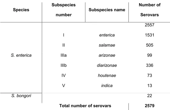 Table 1. Salmonella subspecies and serovars. 