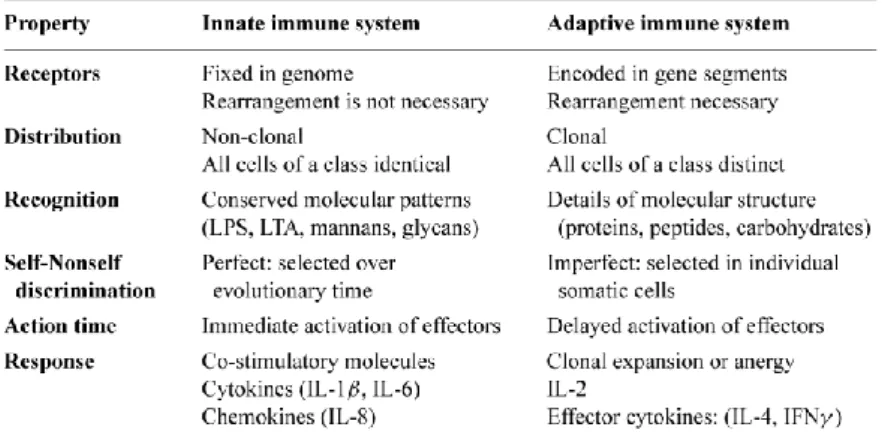 Tabella 1  Principali differenze tra Sistema immunitario Innato e Acquisito.  