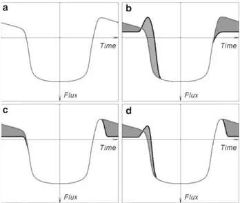 Figure 2.2: Representation of the CO 2 flux time series: (a) ideal case with well developed turbulence conditions, (b) storage effect on Eddy Covariance flux (the underlying area offset the overlying one), (c) advection effect, (d) combined effect of stora