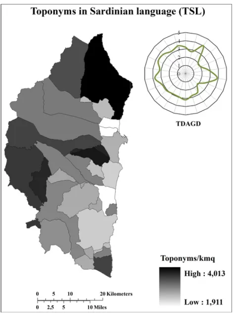 Fig 3. Distribution (toponyms/km 2 ) of toponyms in Sardinian language. TDAGD = Toponym distribution (toponyms/km 2 ) along the geographical directions