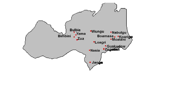 Figura 3: Localizzazione delle 14 comunità rurali nel West Mamprusi  District. 