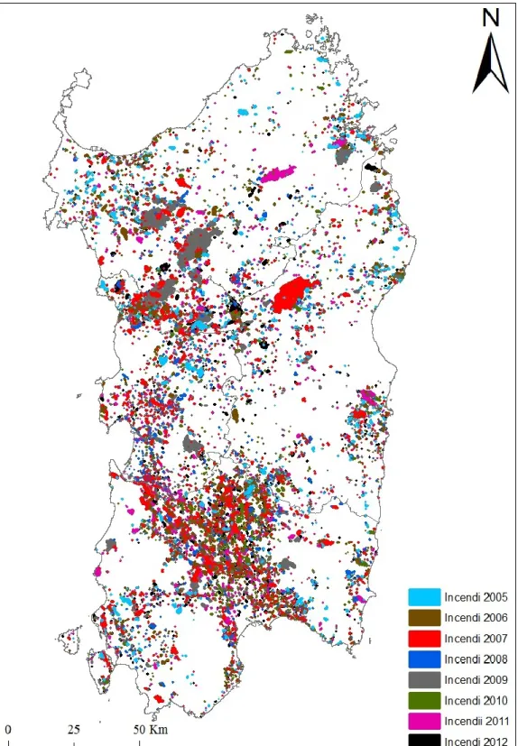 Figura 8: Mappa raffigurante gli incendi verificatisi in Sardegna nel periodo 2005-2012 