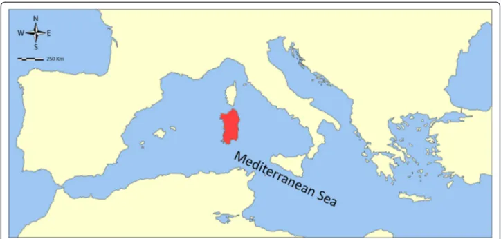 Figure 1 Geographic localization of the sample. The Mediterranean Sea with the island of Sardinia colored in red.