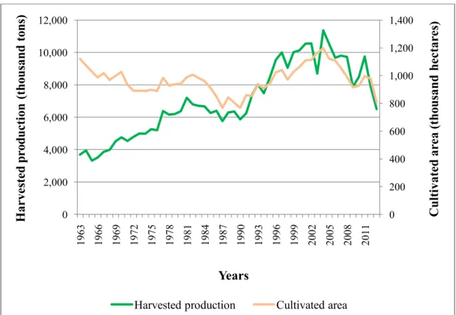 Figure  12.  Trend  in  the  cultivated  area  and  production  of  maize  in  Italy  in  the  1963- 1963-2013 period (source: Eurostat)