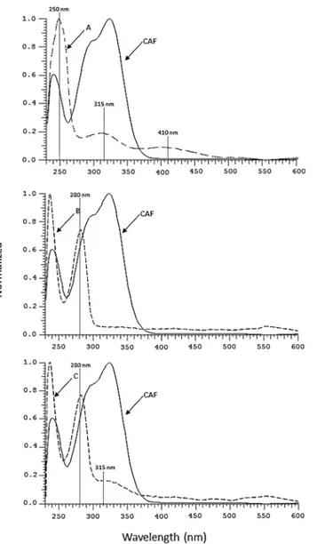 Fig 4. UV-Vis spectra of CAF (solid lines) and CAF-oxidation products (dashed lines, products A, B and C) recovered from the V(V)-CAF system at pH 2.8 after different reaction times, i.e