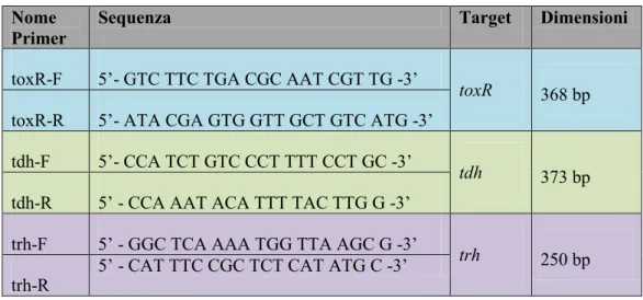 Tabella n. 4 - Sequenze primers specifiche per l’amplificazione dei geni tox-R,  tdh e trh