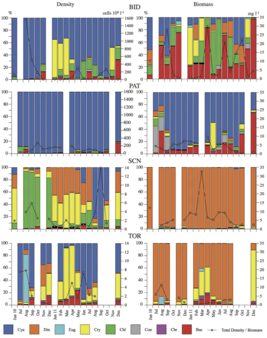 Figure 4.  Phytoplankton class composition in terms of cell abundance and biomass with respect to  total cell abundance and biomass in Bidighinzu Lake (BID), Pattada Lake (PAT), Sos Canales Lake  (SCN) and Torrei Lake (TOR) during the study period