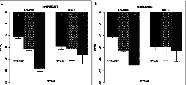 Figura  6.   Media  della  risposta  pressoria  sistolica  al  losartan  e  all’HCTZ  relativa  al  rs10752271  (pannello  a)  e  rs10737062  (pannello  b)