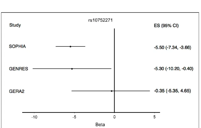 Figure 3. Effect size of blood pressure response in SOPHIA, GENRES and GERA2 studies.  The  squares and the horizontal lines correspond with the effects (beta) and 95% CI of each study.