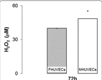 Figure 4 H 2 O 2 levels in the supernatants obtained from FHUVECs and MHUVECs. Values are expressed as medians + MAD of 15 independent samples at 72 h (*P = 0.026).