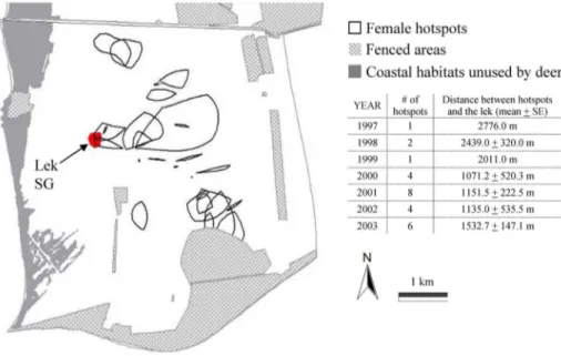 Figure 3. Location of female hotspots with respect to lek position. Spatial location of high female fallow deer traffic areas (hotspots) recorded in autumn from 1997 to 2003 in San Rossore