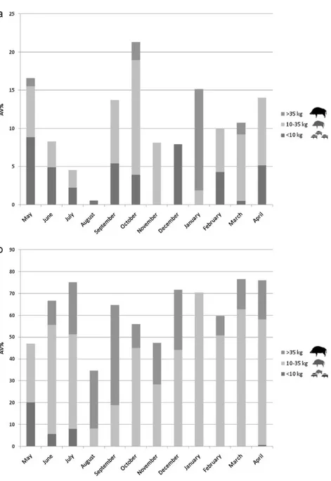 Fig. 3.  Monthly use of wild boar weight classes by red fox (a) and wolf (b) year round (2008–2009)