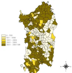 Figure 2. Distribution of Vermentino surface in Sardinia.