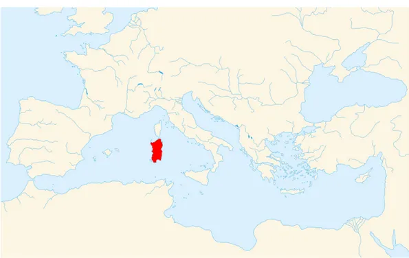 Figure 3.1: Sardinia (red) in the European and Mediterranean geographic context