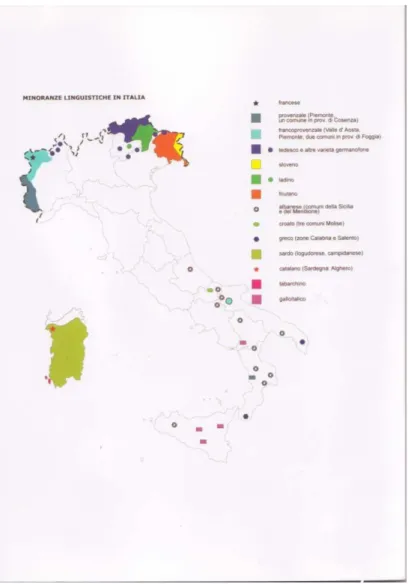 Fig. 1: Mappa delle minoranze linguistiche riconosciute dalla Legge 482/1999. Realizzata da: LPLAB media  laboratory – Udine.