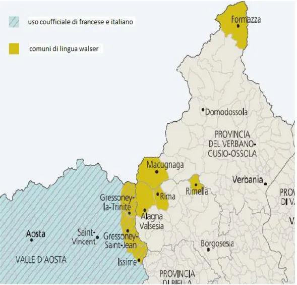 Fig. 2: Distribuzione dei centri di lingua walser in Italia dove la parlata risulta ancora vitale