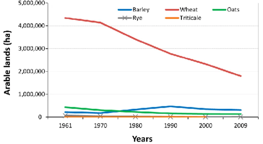 Figure  1.  Trend  of  arable  lands  in  recent  decades  in  Italy,  data  reported  by   Roggero et al
