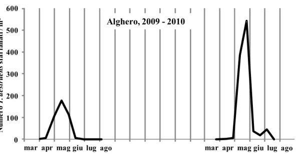Figura 2 – Numero medio di adulti di T. destruens sfarfallati per m 2  di tronco (Alghero, 2009-2010)