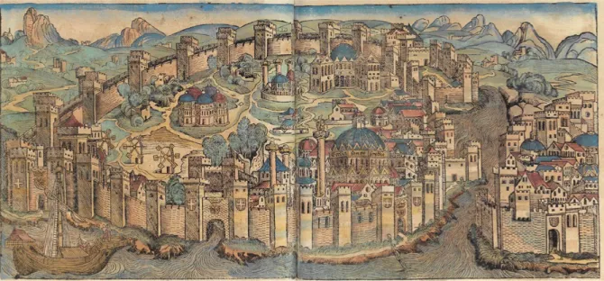 Figura 2. Michael Wolgemut, veduta di Costantinopoli, incisione colorata a mano, 1493 (da Schedel 1493, ff