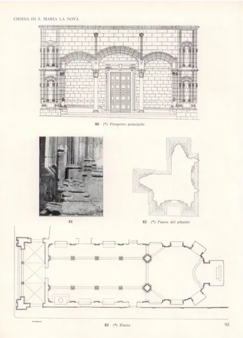 Figura 10. Palermo. Chiesa di  Santa Maria La Nova, prospetto,  sezione orizzontale e foto di  dettaglio del pilastro angolare  del portico, pianta della  chiesa e portico in facciata (da  Spatrisano 1961, p