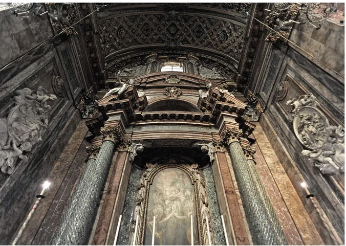 Figure 2. Chapel of Santa Teresa, detail showing central pediment (photo D.R. Marshall, 2014).