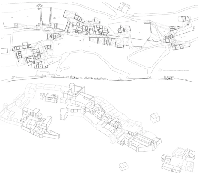Figura 1. Alba Fucens (L’Aquila). Pianta quotata, sezione longitudinale dei resti del castello e ipotesi di ricostruzione pre- pre-sisma (disegni di G.A