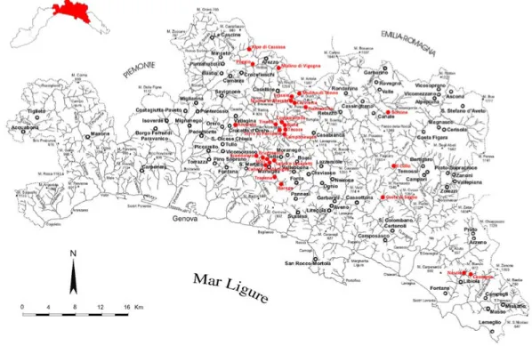 Figura 8. Genova, carta tematica della provincia con indicati in rosso i centri abbandonati (elaborazione di R