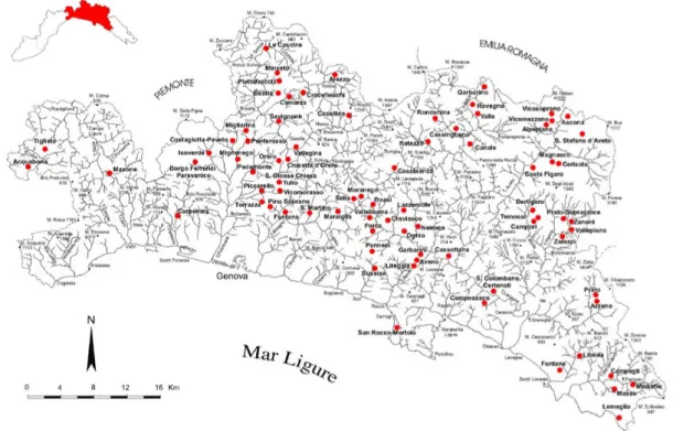 Figura 3. Genova, carta tematica della provincia con indicati in rosso i centri instabili (da Federici et alii 2004, p