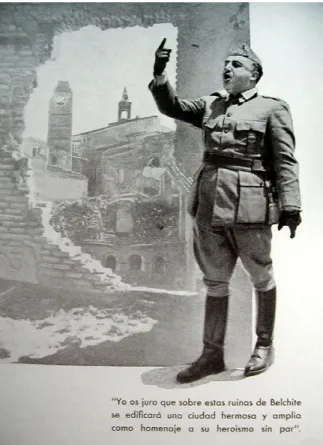 Figura 4. Fotomontaggio con Franco che promette la  ricostruzione di Belchite (da «Reconstrucción», 1940, 1).