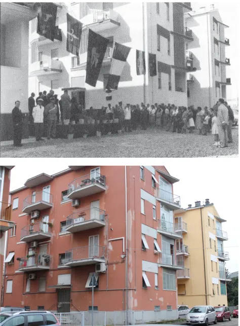 Figure 5-6. Cerimonia di  inaugurazione (estate 1961)  delle tre palazzine di via Bertoni  a Modena per 24 famiglie  esuli del Villaggio San Marco  di Fossoli (da Molinari 2006,  p