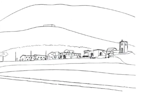 Figura 5. Borgo Gigino Gattuso  (Caltanissetta). Disegno dell’impianto,  Edoardo Caracciolo, 1940 (da Borgo  Gattuso 1941, p