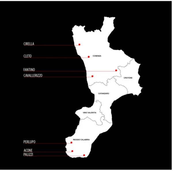 Figura  1.  Localizzazione  dei  casi  studio:  Cirella  (Cosenza),  Cleto  (Cosenza),  Fantino  (Cosenza),  Cavallerizzo  (Cosenza),  Perlupo  (Reggio  Calabria),  Acone  (Reggio  Calabria),  Palizzi  (Reggio  Calabria)  (elaborazione  di  G