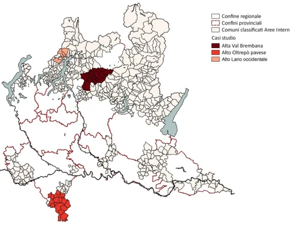 Figura 3. Localizzazione dei casi studio: Alta Val Brembana; Alto Oltrepò pavese, Alto Lario occidentale (elaborazione di  B