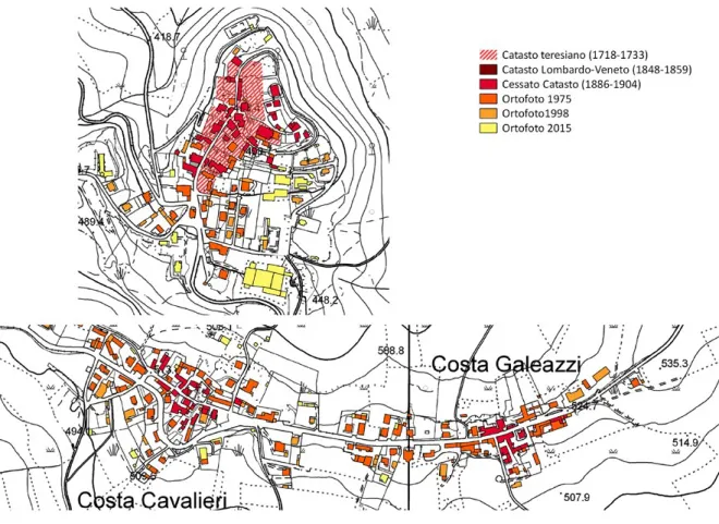 Figura 6. Estensione progressiva dell'edificato nel territorio di Fortunago, Pavia, e delle frazioni Costa Cavalieri e Costa  Galeazzi
