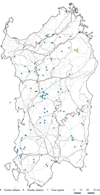 Figura 2. Mappa della Sardegna, con l’indicazione  degli insediamenti interessati dal fenomeno di  spopolamento e di abbandono, tematizzati secondo  l’aspetto dimensionale e messi in relazione con la rete  infrastrutturale (elaborazione di V