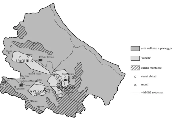 Figura 1. Il territorio abruzzese con l’indicazione delle “conche” dell’Aquila, di Avezzano e di Sulmona colpite, nel corso della  storia, da significativi eventi sismici