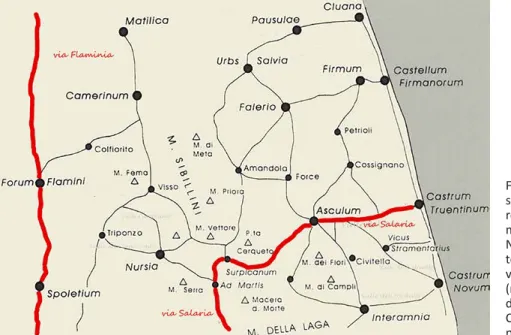 Figura 3. Ricostruzione  schematica della viabilità  romana delle Marche  meridionali secondo  Nereo Alfieri da Il  territorio della colonia: 