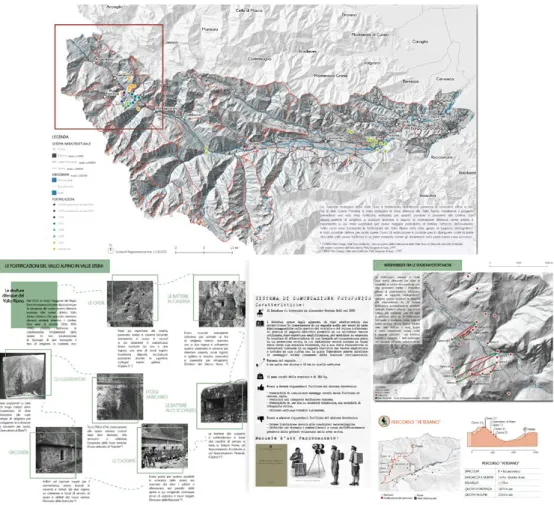 Figura 9. Un esempio di sviluppo dell’analisi del sistema delle fortificazioni del vallo alpino occidentale  in valle Stura (opere, batterie in caverna, batterie allo scoperto, caserme, ricoveri, osservatori e fossi  anticarro) sono rappresentati in mappa 