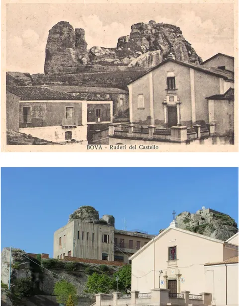 Figura 2. bova, veduta  del palazzo vescovile e  della cattedrale di Santa  Maria dell’Isodia prima  dei diradamenti (cartolina  Alterocca - Terni, 1962,  collezione privata).