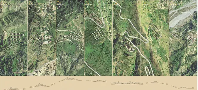 Figura 1. Ortofoto e schema planimetrico dei sette borghi del villaggio Schisìna (elaborazione di F