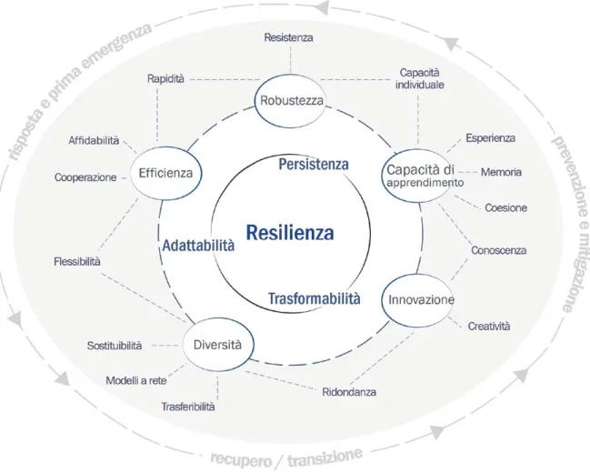 Figura 8. Modello interpretativo della resilienza urbana (da Galderisi 2013, p. 6; rielaborazione grafica di G.M